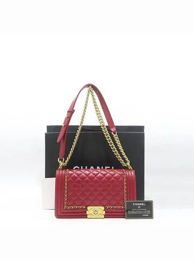 A67086 Red Calfskin Boy Medium Chain Decoration Gold Logo Flap Shoulder Bag - CHANEL - BALAAN 1