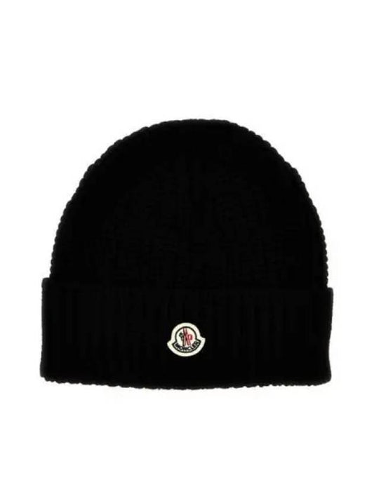 Logo Patch Wool Beanie Black - MONCLER - BALAAN 2