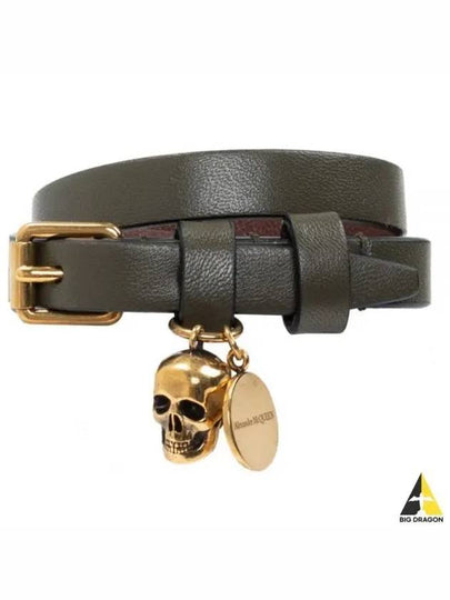 Women's Skull Double Leather Bracelet Khaki - ALEXANDER MCQUEEN - BALAAN 2