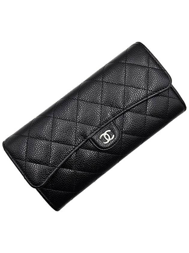 Silver Hardware Classic Caviar CC Logo Flap Long Wallet Black - CHANEL - BALAAN 4