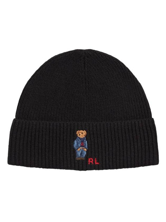 Embroidered Denim Bear Wool Beanie Black - POLO RALPH LAUREN - BALAAN.