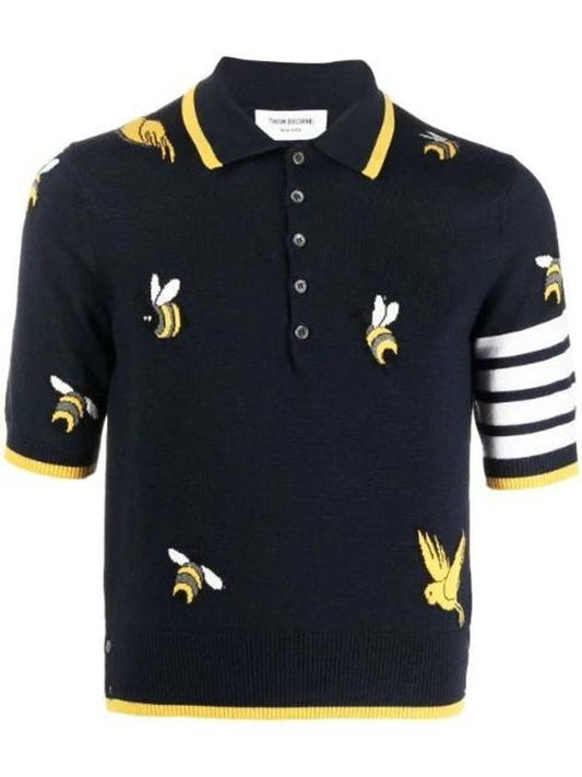 Men's Bird Bee Half Drop 4 Bar Merino Cotton Short Sleeve Polo Shirt Navy - THOM BROWNE - BALAAN 1