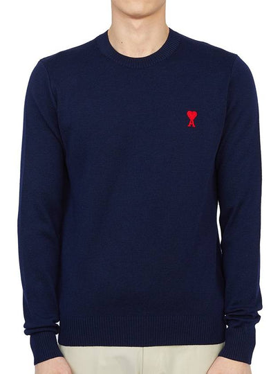 Men's Mini Heart Logo Merino Wool Knit Top Dark Navy - AMI - BALAAN 2