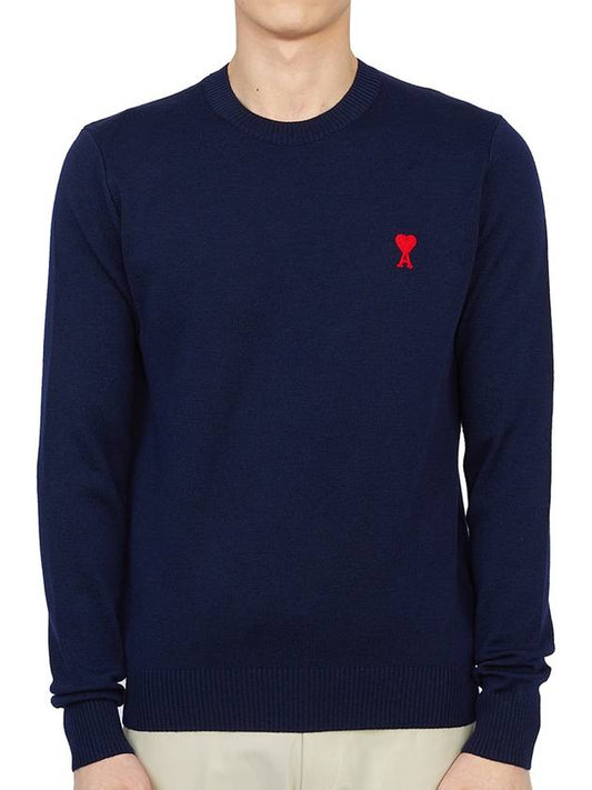 Men's Mini Heart Logo Merino Wool Knit Top Dark Navy - AMI - BALAAN 2