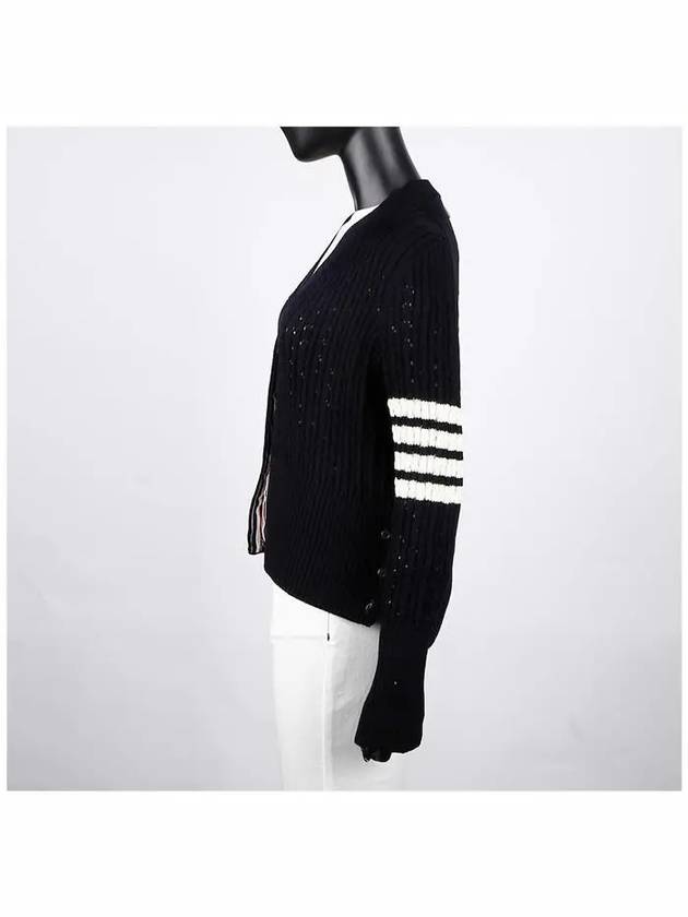 V-Neck Diagonal Pointelle Wool Cardigan Navy - THOM BROWNE - BALAAN 4