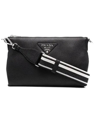 triangle logo silver leather shoulder bag black - PRADA - BALAAN.