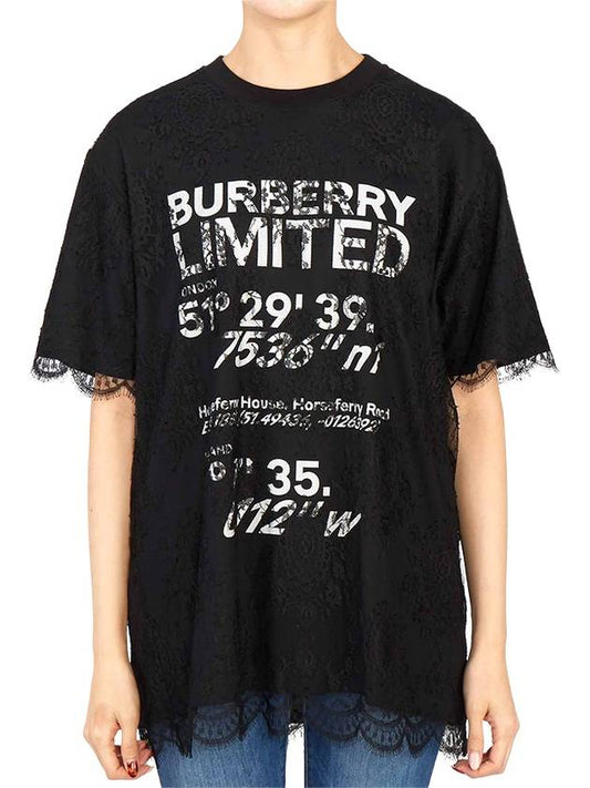 Women's Lace Overlay Coordinates Print Cotton Short Sleeve T-Shirt Black - BURBERRY - BALAAN 2