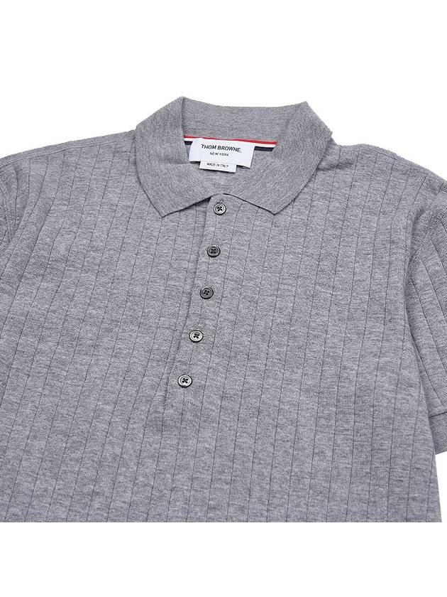 RWB Button Ribbed Polo Wool Knit Top Grey - THOM BROWNE - BALAAN 4