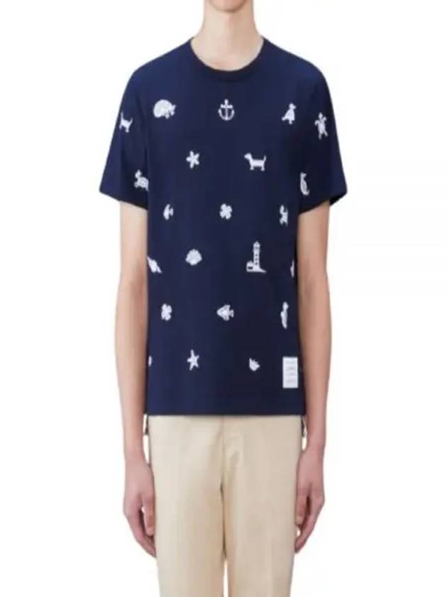 Embroidered Cotton Short Sleeve T-Shirt Navy - THOM BROWNE - BALAAN 2