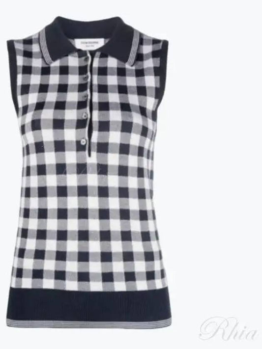 Gingham Silk Jacquard 4 Bar Polo Sleeveless Cardigan Navy - THOM BROWNE - BALAAN 2