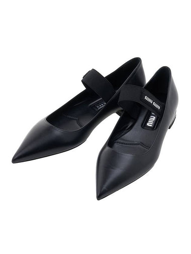 Strap Logo Pointed Toe Calfskin Flat Shoes Black - MIU MIU - BALAAN 1