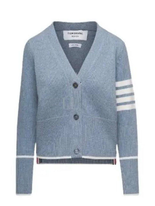 Women's Fine Merino Jersey Sailboat 4 Bar Boxy V Neck Cardigan Dark Blue - THOM BROWNE - BALAAN 2