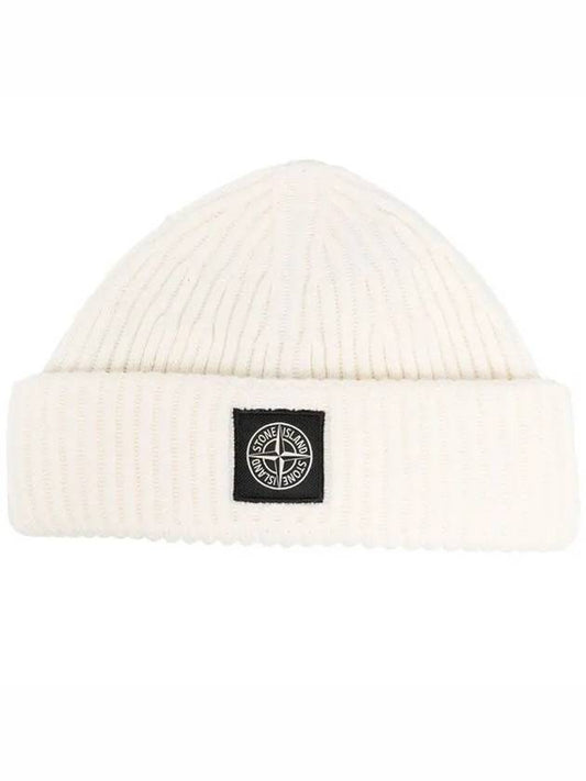 Logo Patch Rib Wool Beanie Off White - STONE ISLAND - BALAAN.