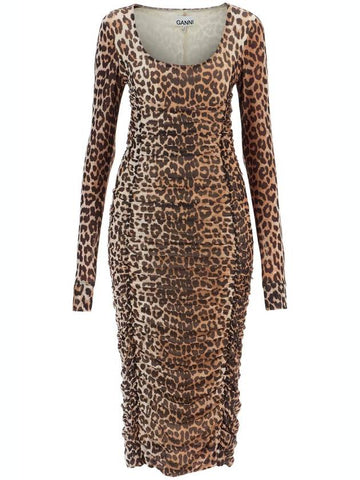 "animal print midi dress in mesh - GANNI - BALAAN 1