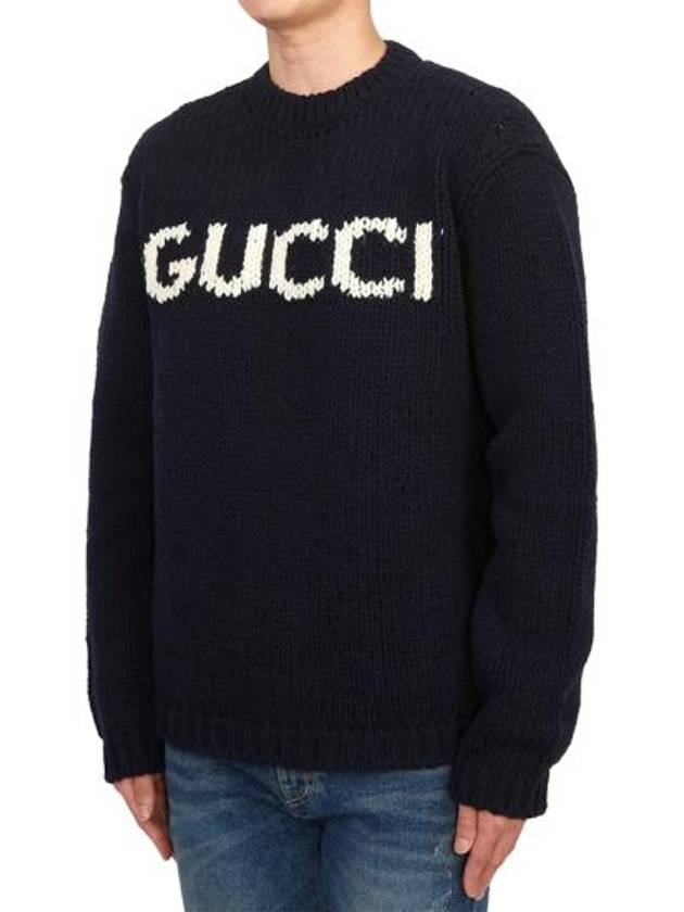 Logo Intarsia Wool Knit Top Navy - GUCCI - BALAAN 3