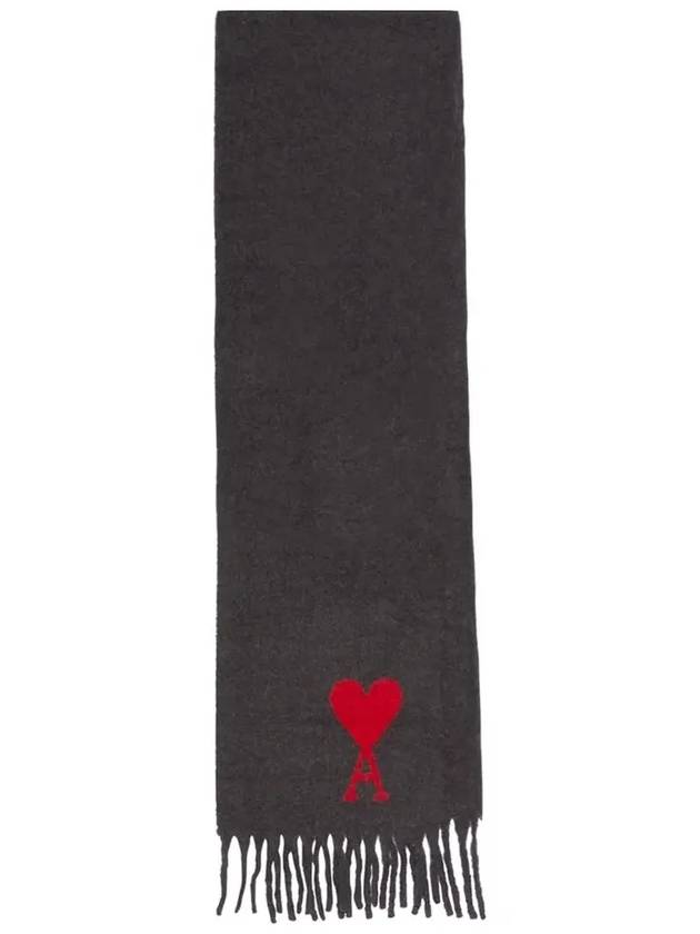 Heart Logo Oversized Wool Fringe Scarf Dark Grey - AMI - BALAAN 3