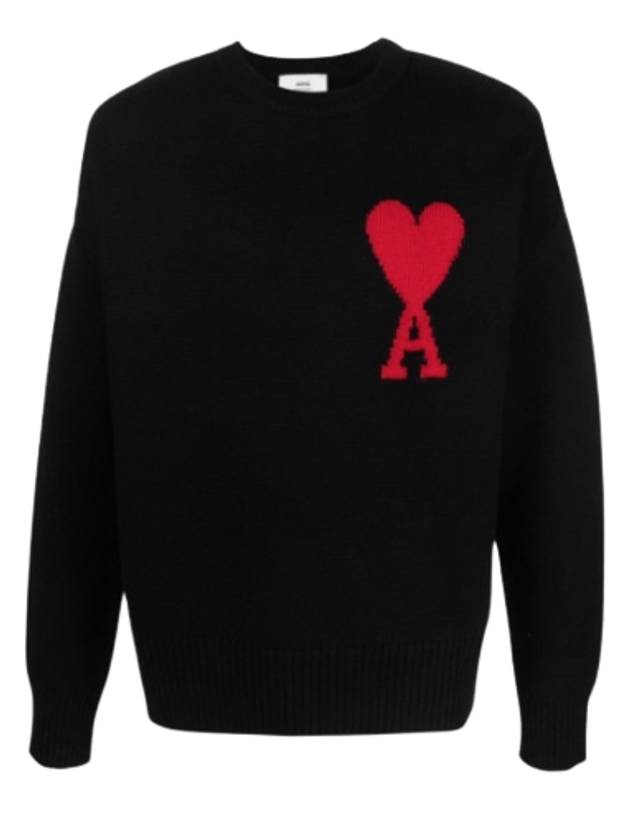 Intarsia Big Heart Logo Wool Knit Top Black - AMI - BALAAN 2