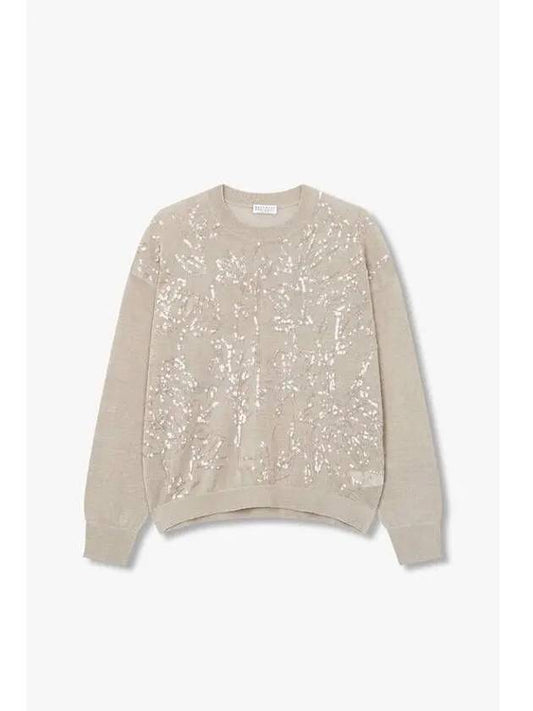 Women s Sequin Flower Linen Sweater Dark Beige - BRUNELLO CUCINELLI - BALAAN 1