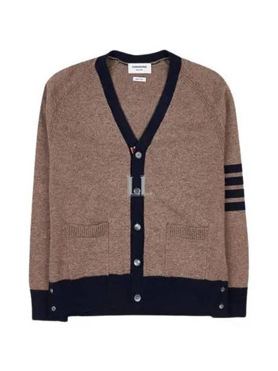 V-Neck 4-Bar Wool Cardigan Brown - THOM BROWNE - BALAAN 2