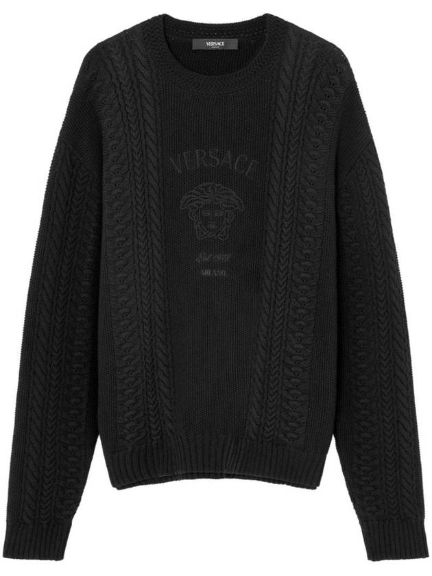 Embroidered Logo Cable Knit Top Black - VERSACE - BALAAN 1