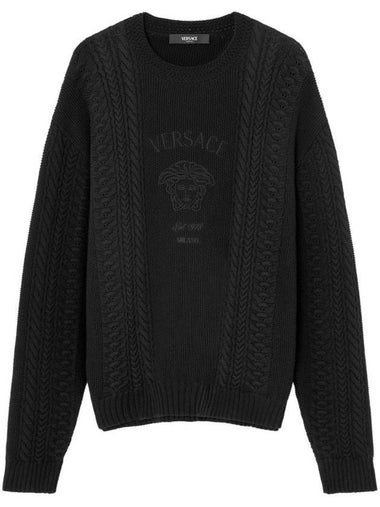 Embroidered Logo Cable Knit Top Black - VERSACE - BALAAN 1