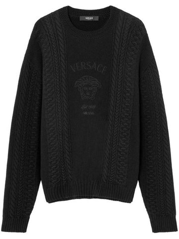 Embroidered Logo Cable Knit Top Black - VERSACE - BALAAN 1