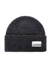 Logo Label Rib Knit Wool Beanie Dark Grey - GANNI - BALAAN 2