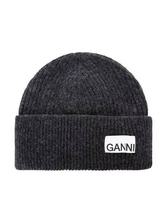 Logo Label Rib Knit Wool Beanie Dark Grey - GANNI - BALAAN 2