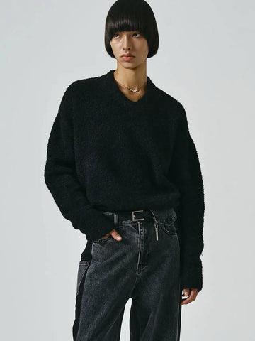 Boucle V-Neck Over Fit Knit Top Black - NOIRER - BALAAN 1