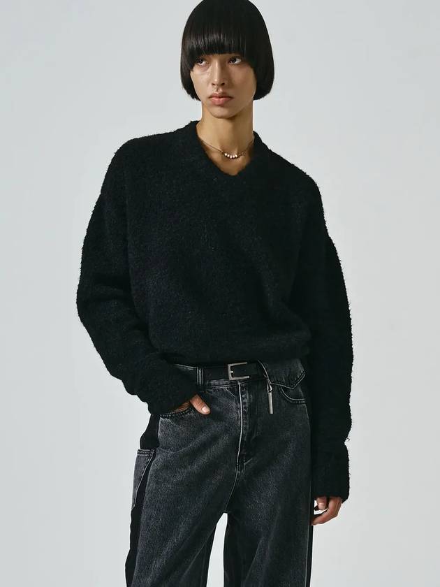 Boucle V-Neck Over Fit Knit Top Black - NOIRER - BALAAN 2