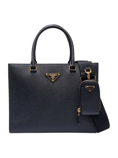 Women s 1BA337 Black Saffiano Gold Triangular Logo Medium Tote Bag Strap - PRADA - BALAAN 1