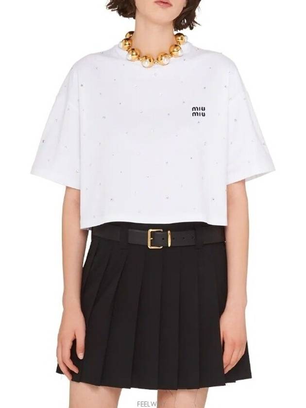 Embroidered Logo Crop Cotton Short Sleeved T-shirt White - MIU MIU - BALAAN 2