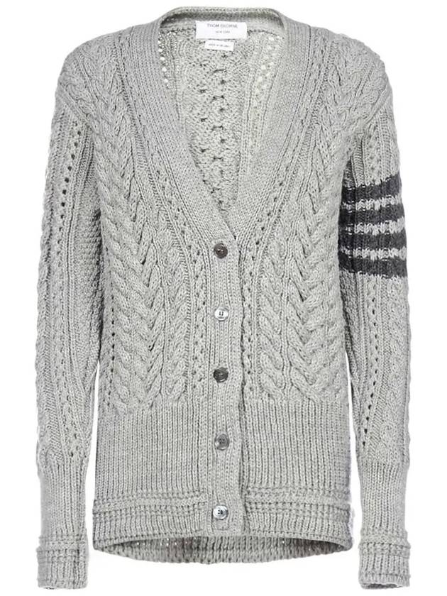 Women's 4 Bar Stripe Aran Cable Wool Cardigan Light Grey - THOM BROWNE - BALAAN 2