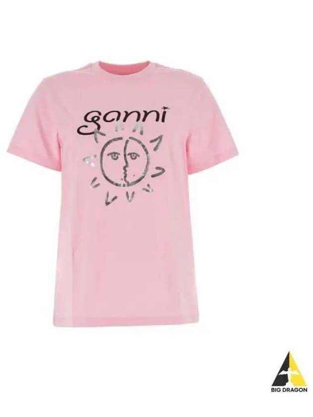 Logo Print Organic Cotton Short Sleeve T-Shirt Pink - GANNI - BALAAN 2