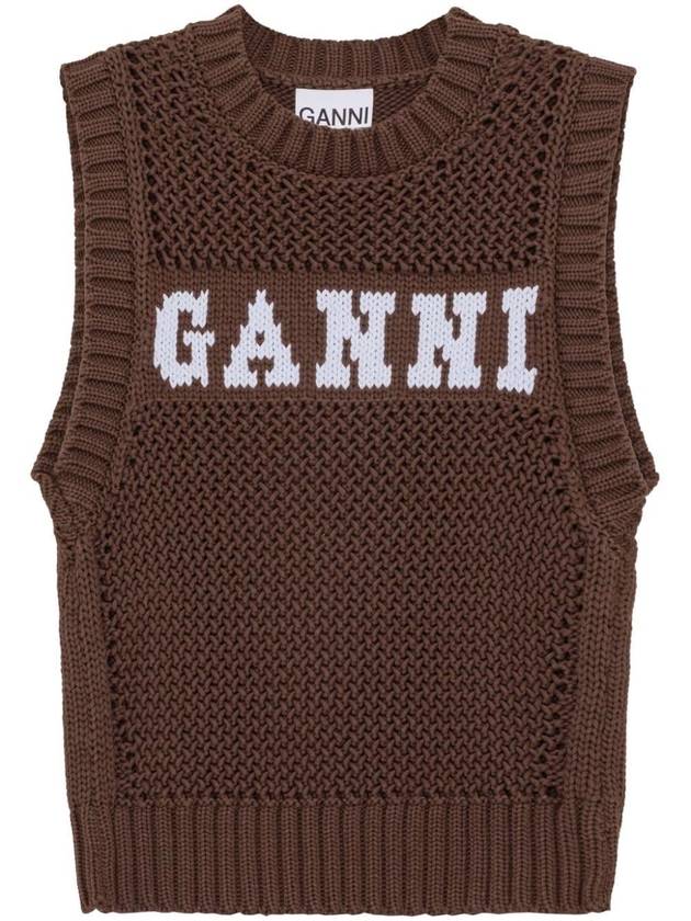 Logo Crochet Vest Knit Top Brown - GANNI - BALAAN 1