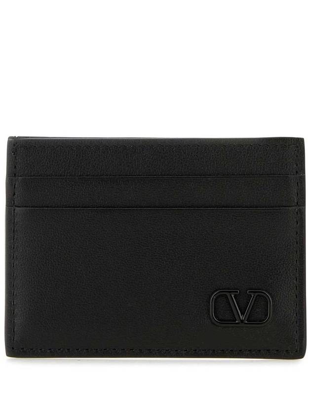 V Logo Signature Calfskin Card Wallet Black - VALENTINO - BALAAN 2