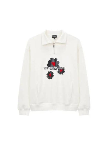 Men s Flower Logo Quarter Zipper Sweatshirt Cream - EMPORIO ARMANI - BALAAN 1