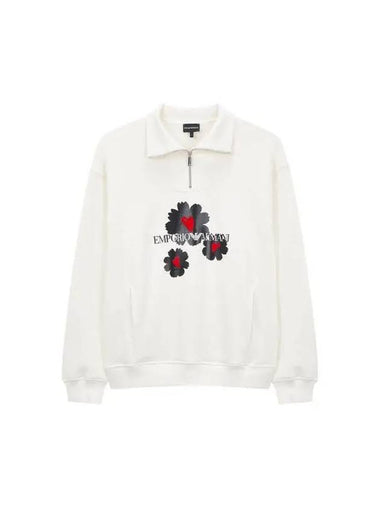 Men s Flower Logo Quarter Zipper Sweatshirt Cream - EMPORIO ARMANI - BALAAN 1