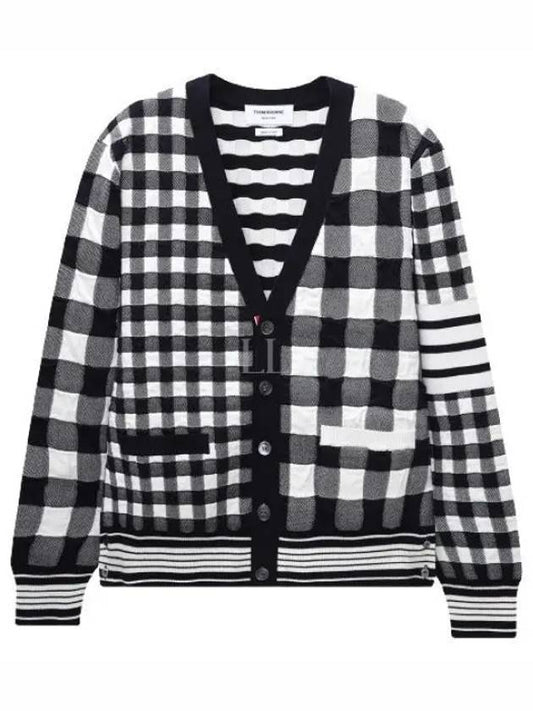 4-Bar Stripe Funmix Gingham Jacquard Cardigan Navy - THOM BROWNE - BALAAN 2