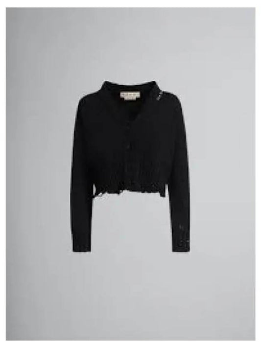 Embroidered Logo Distressed V-Neck Crop Cardigan Black - MARNI - BALAAN 2