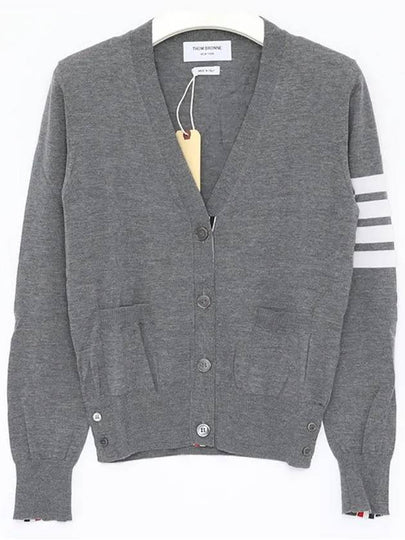 4 Bar V-Neck Merino Wool Cardigan Medium Grey - THOM BROWNE - BALAAN 2