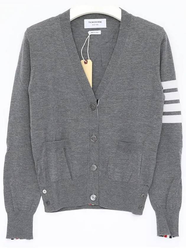 4 Bar V-Neck Merino Wool Cardigan Medium Grey - THOM BROWNE - BALAAN 4