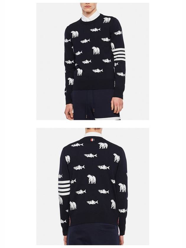 Men's Diagonal Bear Salmon Half Drop Wool Knit Top Navy - THOM BROWNE - BALAAN 6