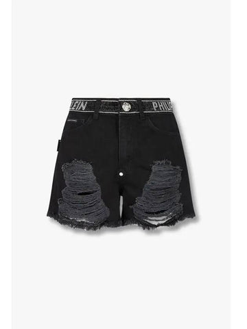 Women s Hotfix Logo Band Denim Shorts Black - PHILIPP PLEIN - BALAAN 1