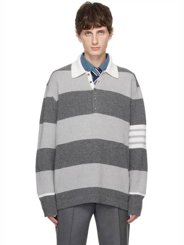 Rugby Striped Merino 4-Bar Long Sleeve Polo Shirt Grey - THOM BROWNE - BALAAN 3