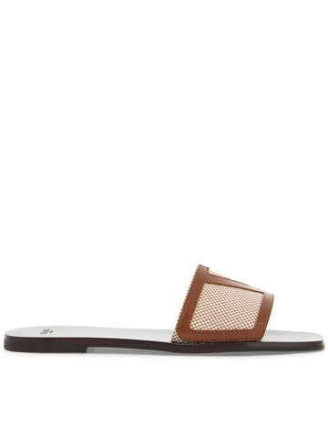 women's slippers in natural fabric and leather/tobacco with wide check pattern strap - VALENTINO - BALAAN 1