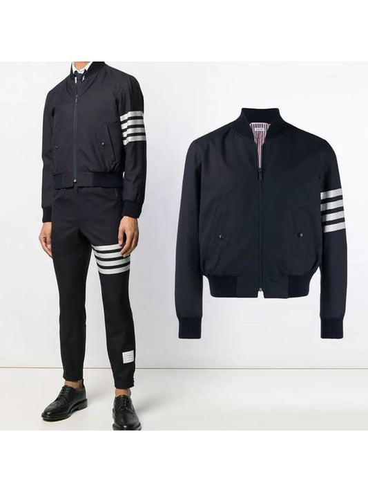 Diagonal Striped Knit Rib Blouson Bomber Jacket Navy - THOM BROWNE - BALAAN 2