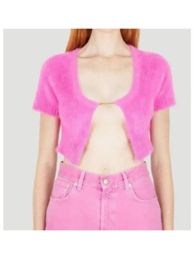 La Maile Neve Logo Charm Fluffy Crop Cardigan Pink - JACQUEMUS - BALAAN 2