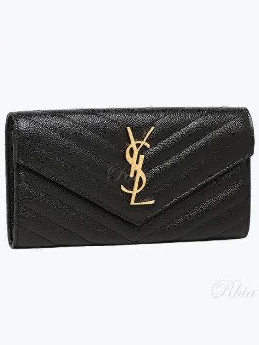 Matelasse Monogram Quilting Leather Flap Long Wallet Black - SAINT LAURENT - BALAAN 2