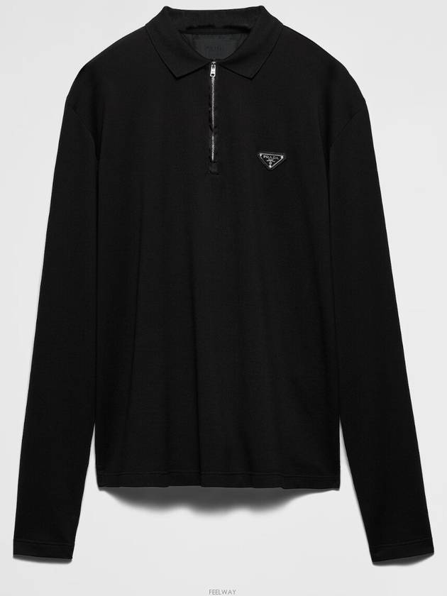 Triangle Logo Long Sleeve Polo Shirt Black - PRADA - BALAAN 6